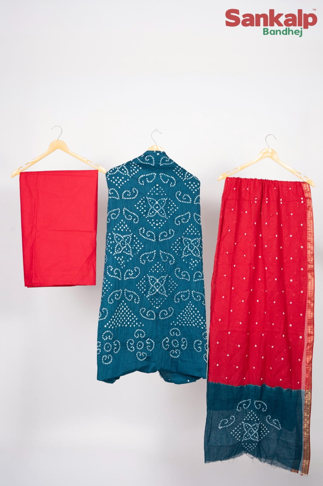 Blue Cotton Satin Dress Material With Red Dupatta