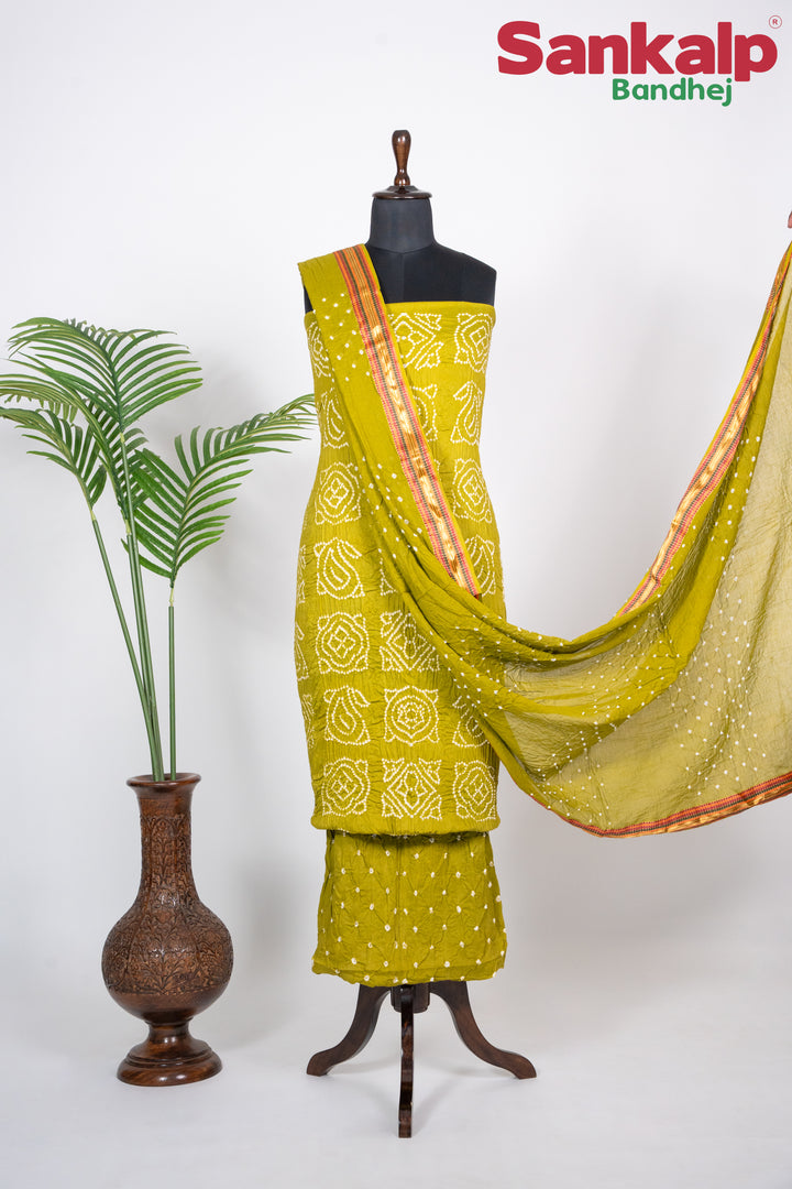Olive Green Bandhani Cotton Satin 3 Piece Suit Material