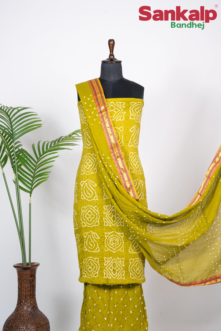 Olive Green Bandhani Cotton Satin 3 Piece Suit Material