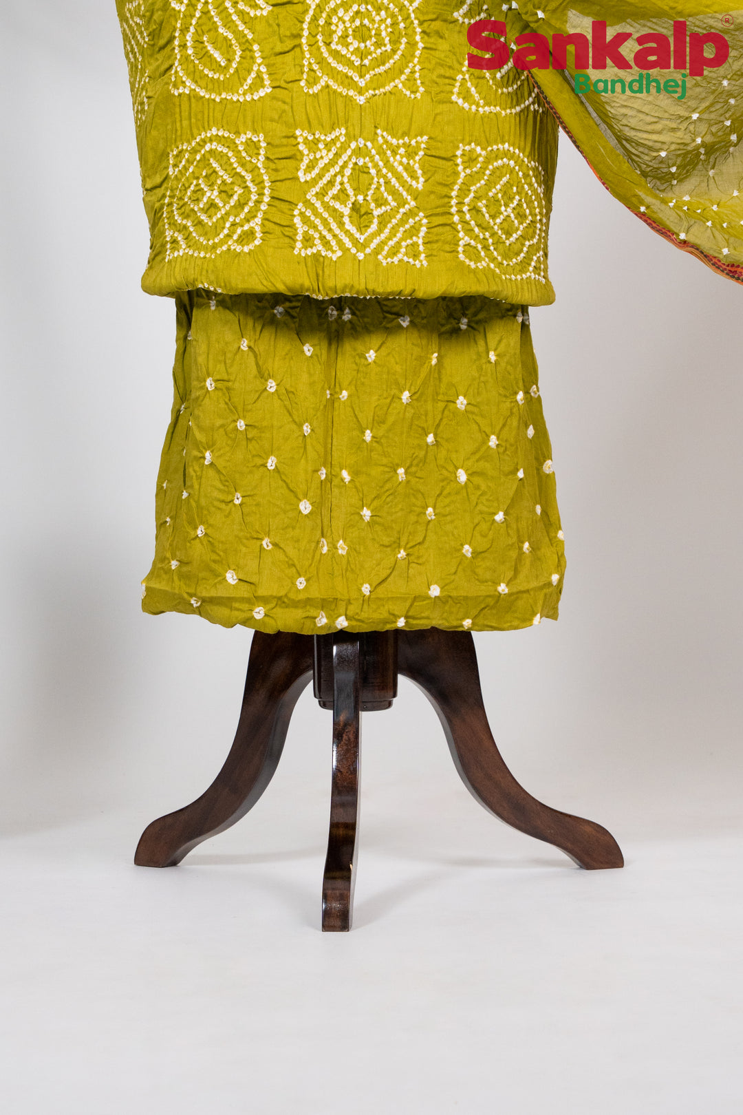 Olive Green Bandhani Cotton Satin 3 Piece Suit Material