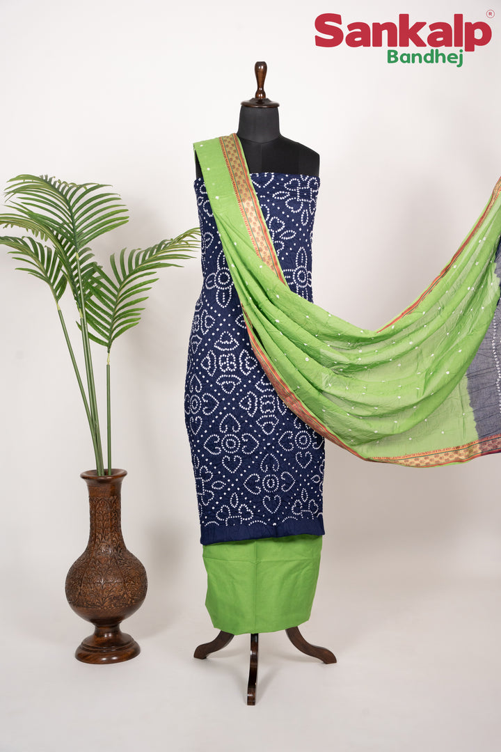Blue and Green Bandhej 3 Piece Cotton Satin Dress Material Set