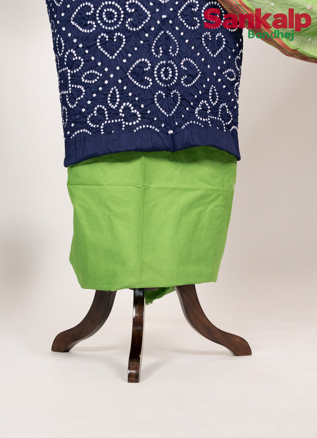 Blue and Green Bandhej 3 Piece Cotton Satin Dress Material Set