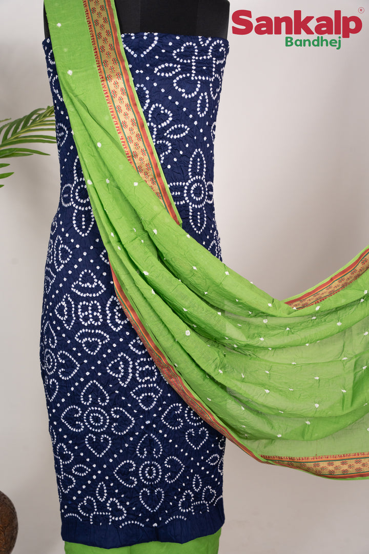 Blue and Green Bandhej 3 Piece Cotton Satin Dress Material Set