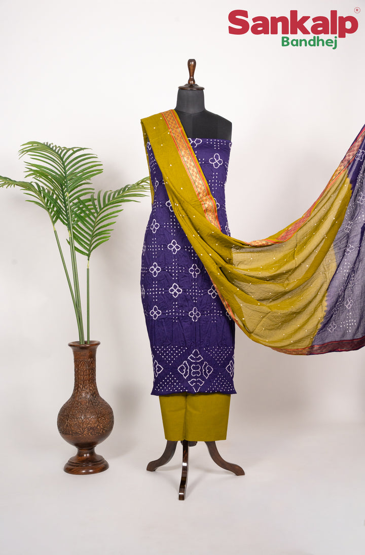 Cotton Purple Dress Material with Dark Yellow Duptta
