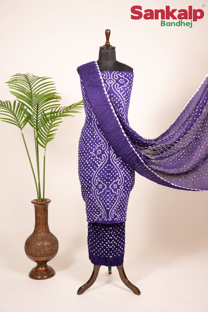 Purple Bandhani Cotton Satin Dress Material