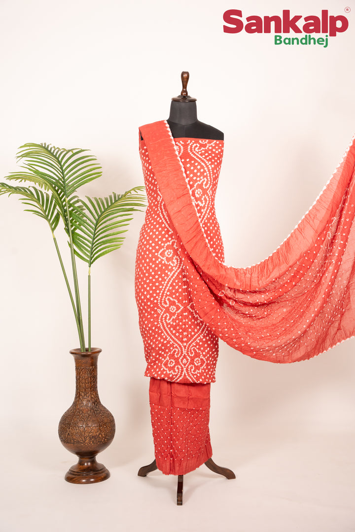 Coral Red Bandhani Cotton Satin Suit Material