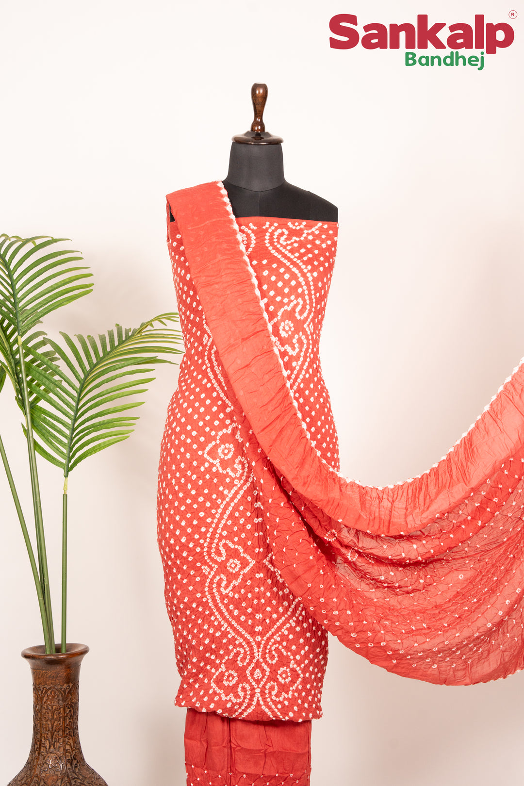 Coral Red Bandhani Cotton Satin Suit Material