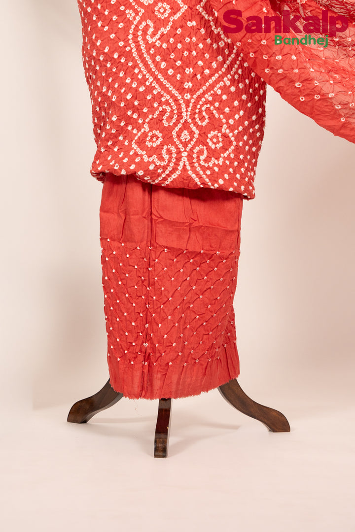 Coral Red Bandhani Cotton Satin Suit Material
