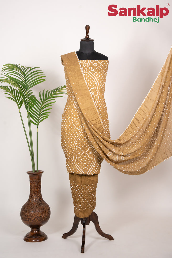 Mustard Brown Cotton Satin Bandhej Dress Material