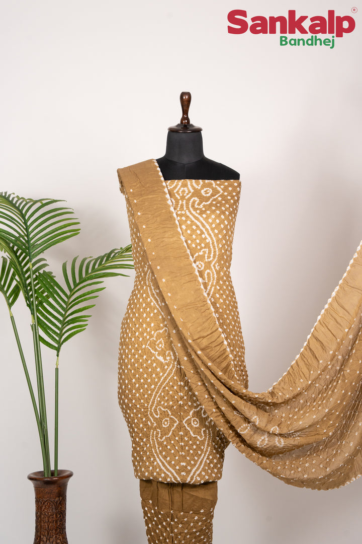Mustard Brown Cotton Satin Bandhej Dress Material