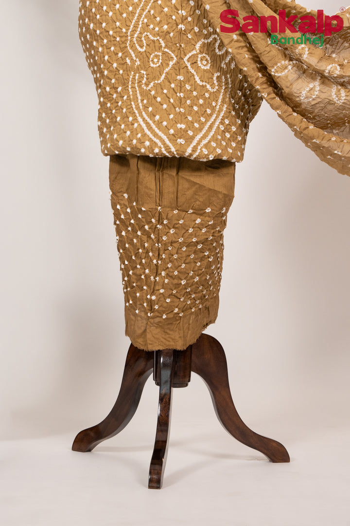 Mustard Brown Cotton Satin Bandhej Dress Material