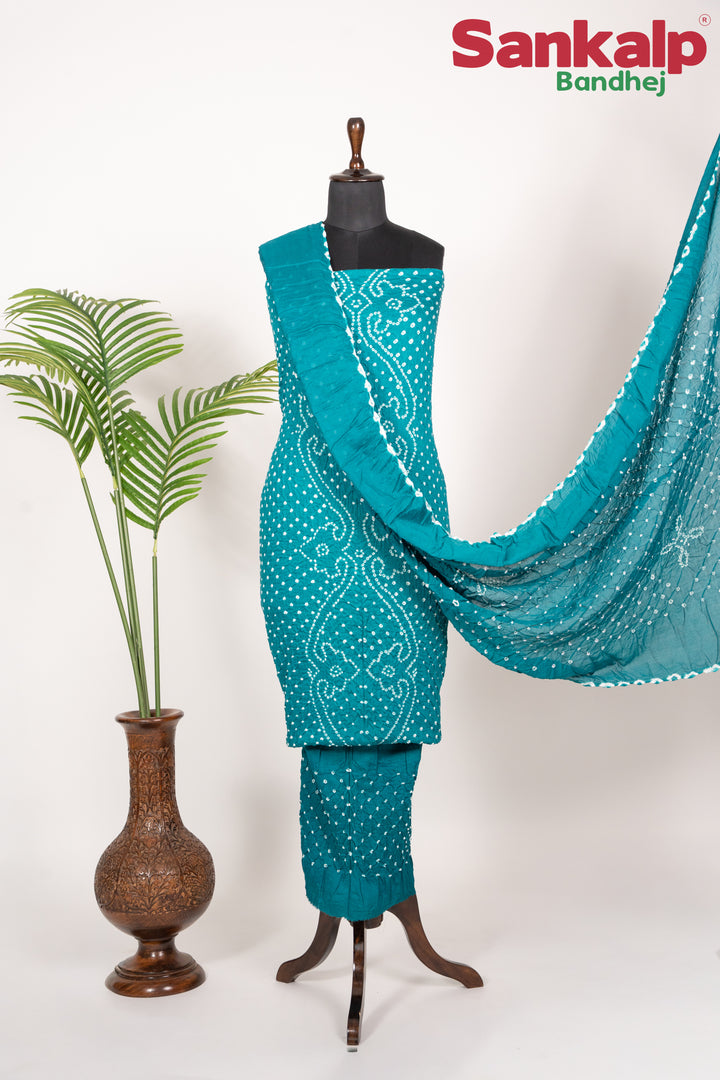 Sky Blue Bandhej Cotton Satin 3 Piece Suit Material
