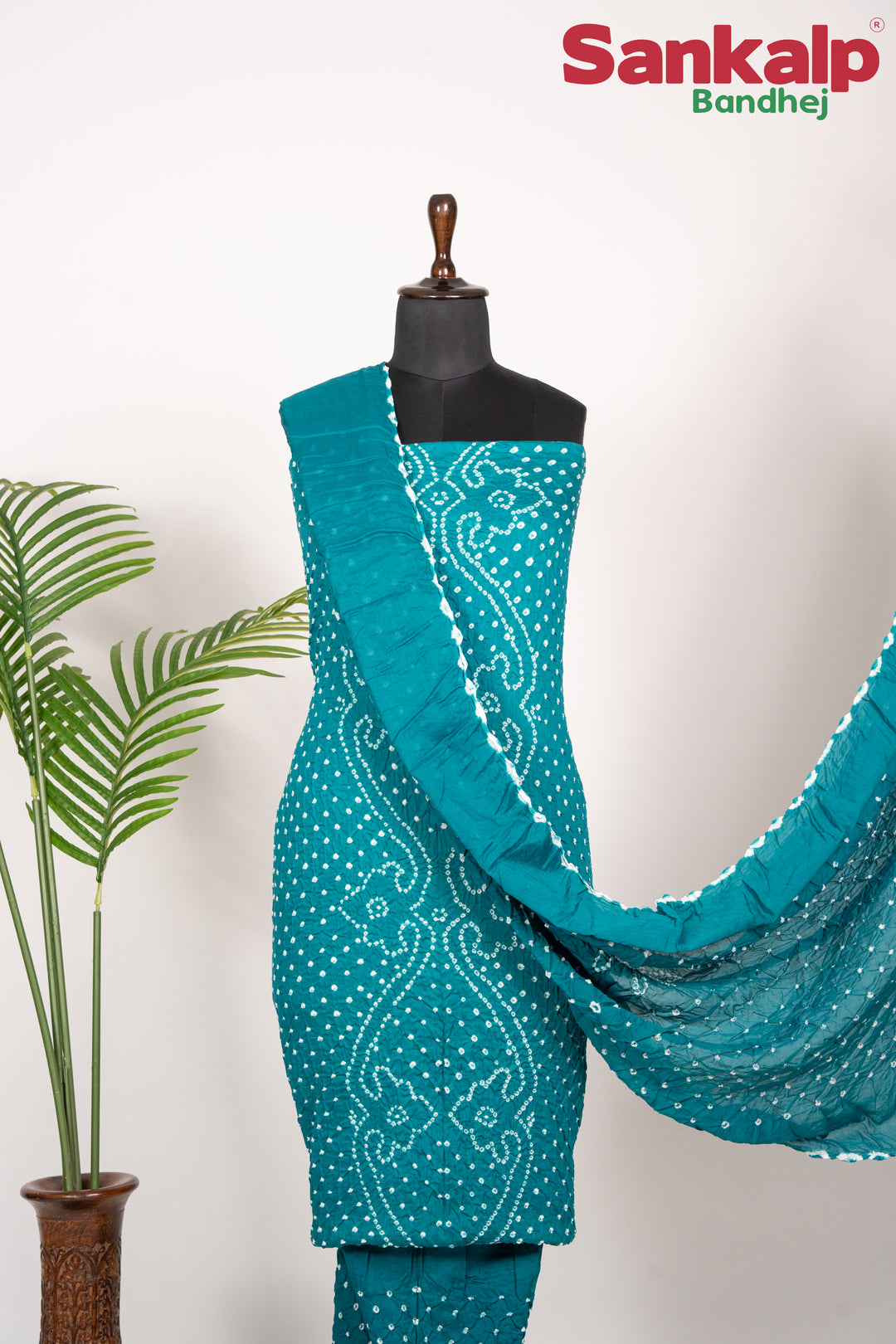 Sky Blue Bandhej Cotton Satin 3 Piece Suit Material