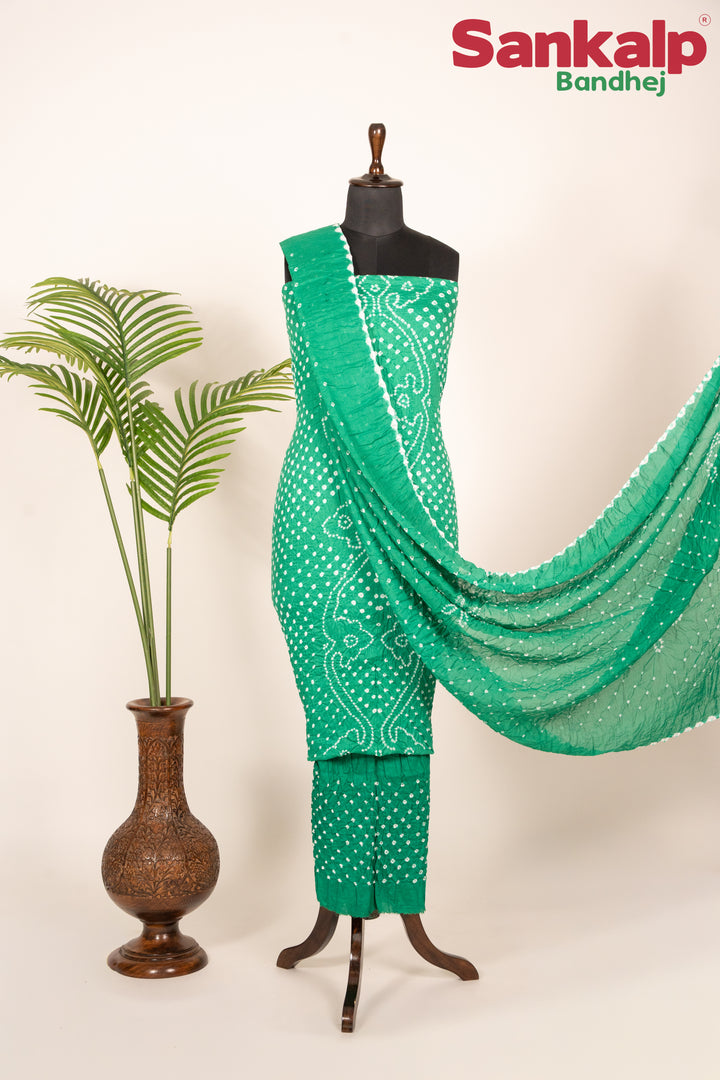 Green Bandhani Cotton Satin Dress Material