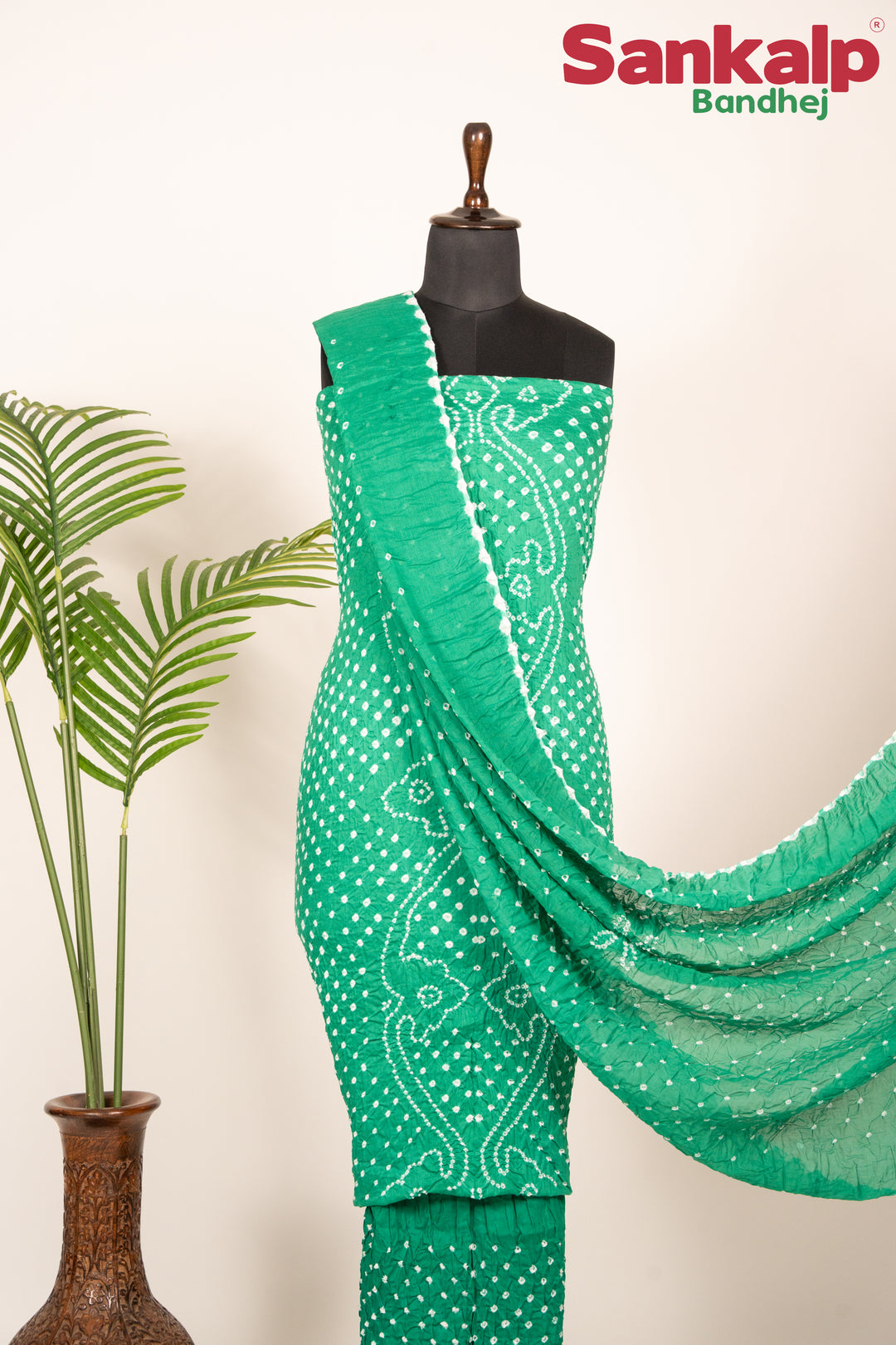 Green Bandhani Cotton Satin Dress Material