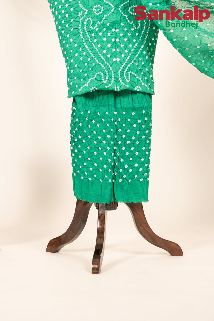 Green Bandhani Cotton Satin Dress Material