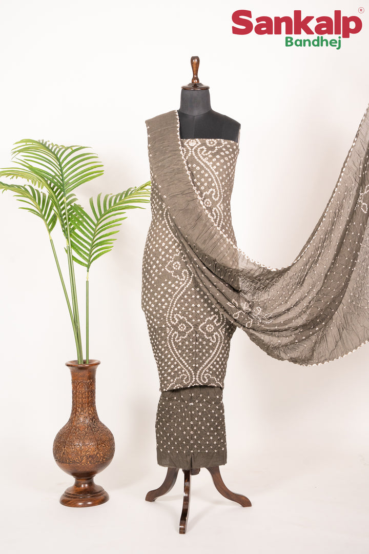 Grey Cotton Satin Bandhej Dress Material