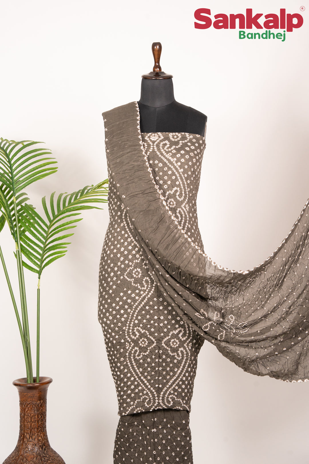 Grey Cotton Satin Bandhej Dress Material