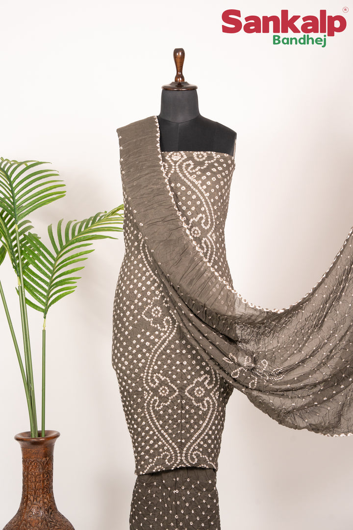 Grey Cotton Satin Bandhej Dress Material