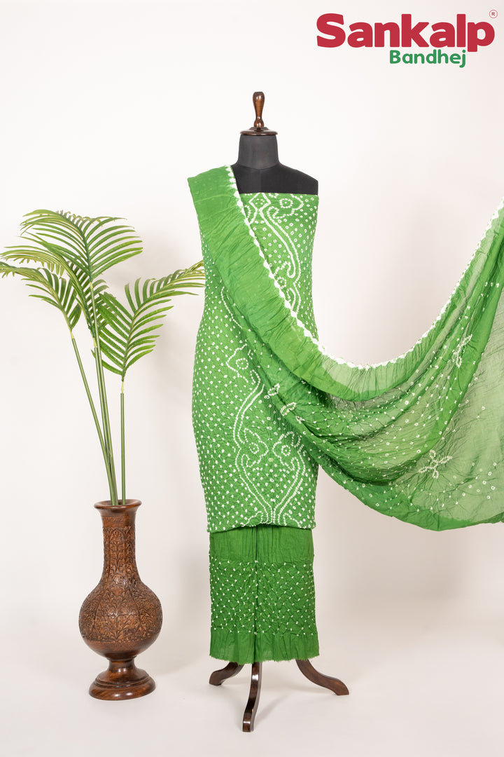 Light Green Bandhani Cotton Satin Dress Material