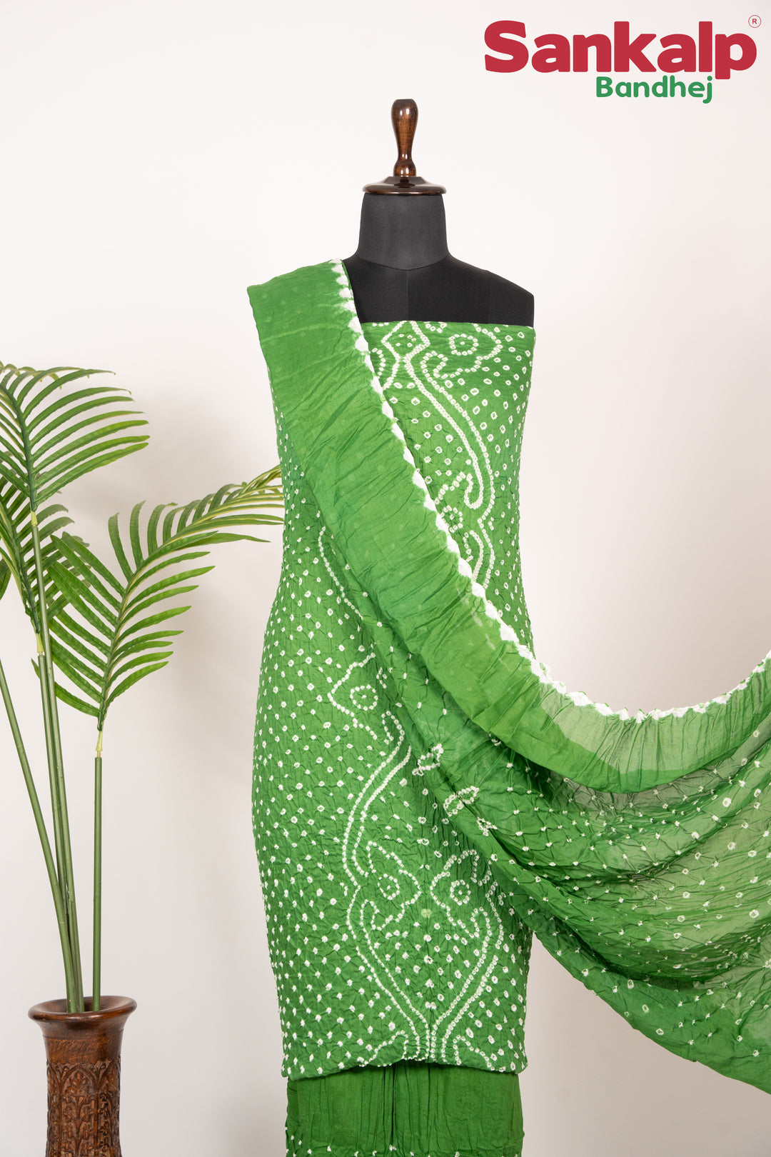 Light Green Bandhani Cotton Satin Dress Material
