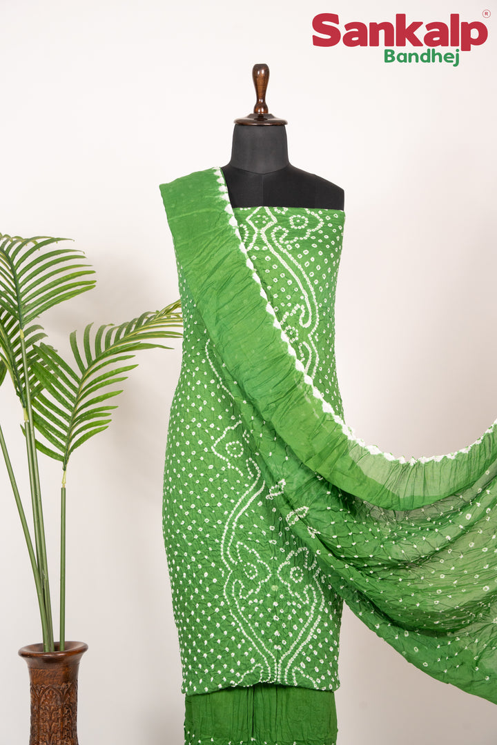 Light Green Bandhani Cotton Satin Dress Material