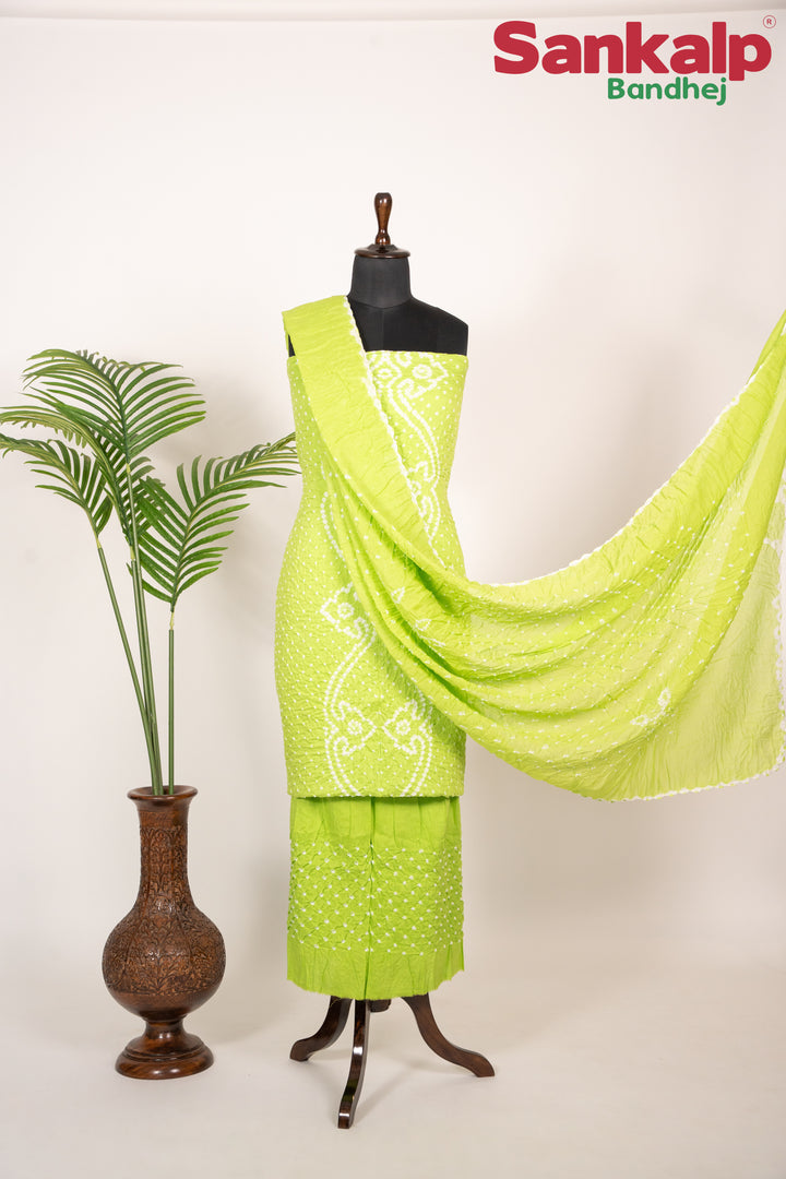 Neon Green Bandhani Cotton Satin 3-Piece Suit Material