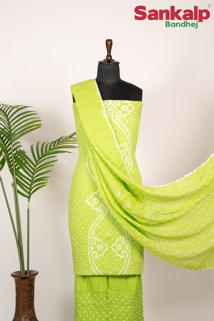 Neon Green Bandhani Cotton Satin 3-Piece Suit Material