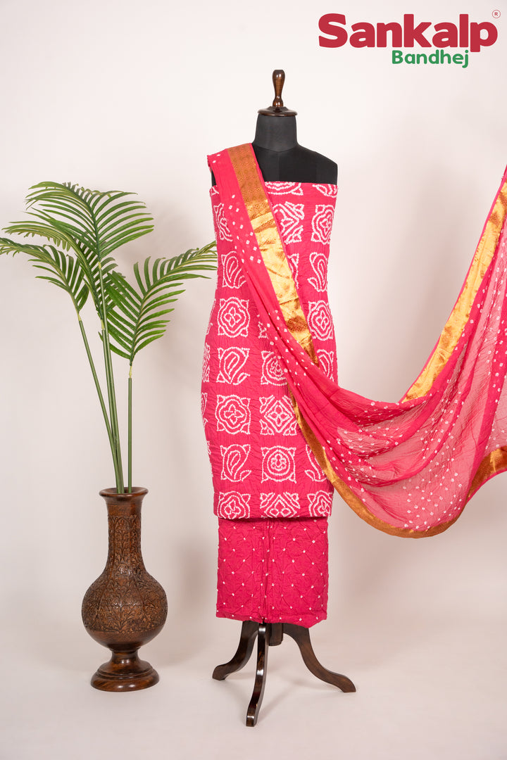 Rani Pink Bandhani Cotton Satin Suit Material