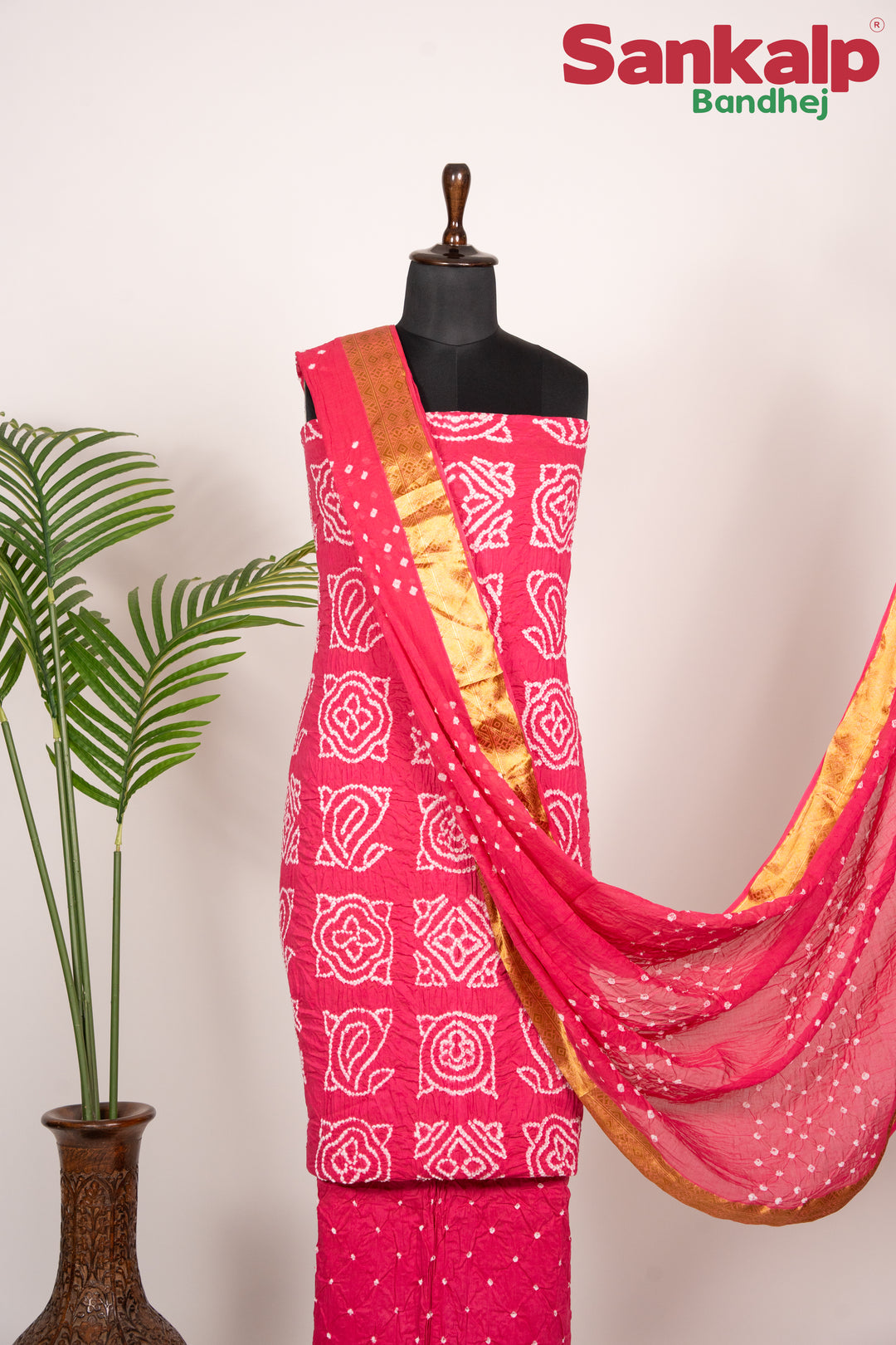 Rani Pink Bandhani Cotton Satin Suit Material