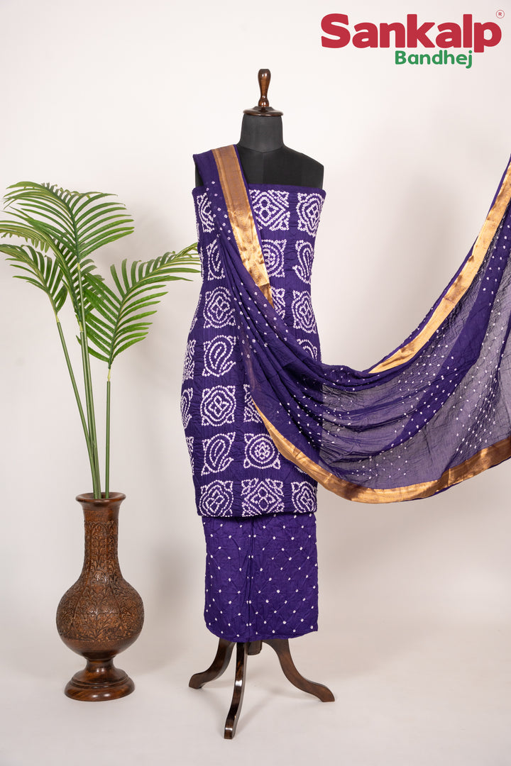 Purple Bandhani Cotton Satin 3 Piece Suit Material
