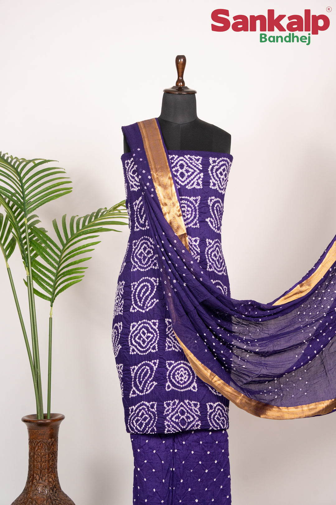 Purple Bandhani Cotton Satin 3 Piece Suit Material