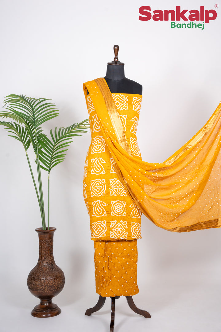 Yellow Bandhani Cotton Satin 3 Piece Suit Material