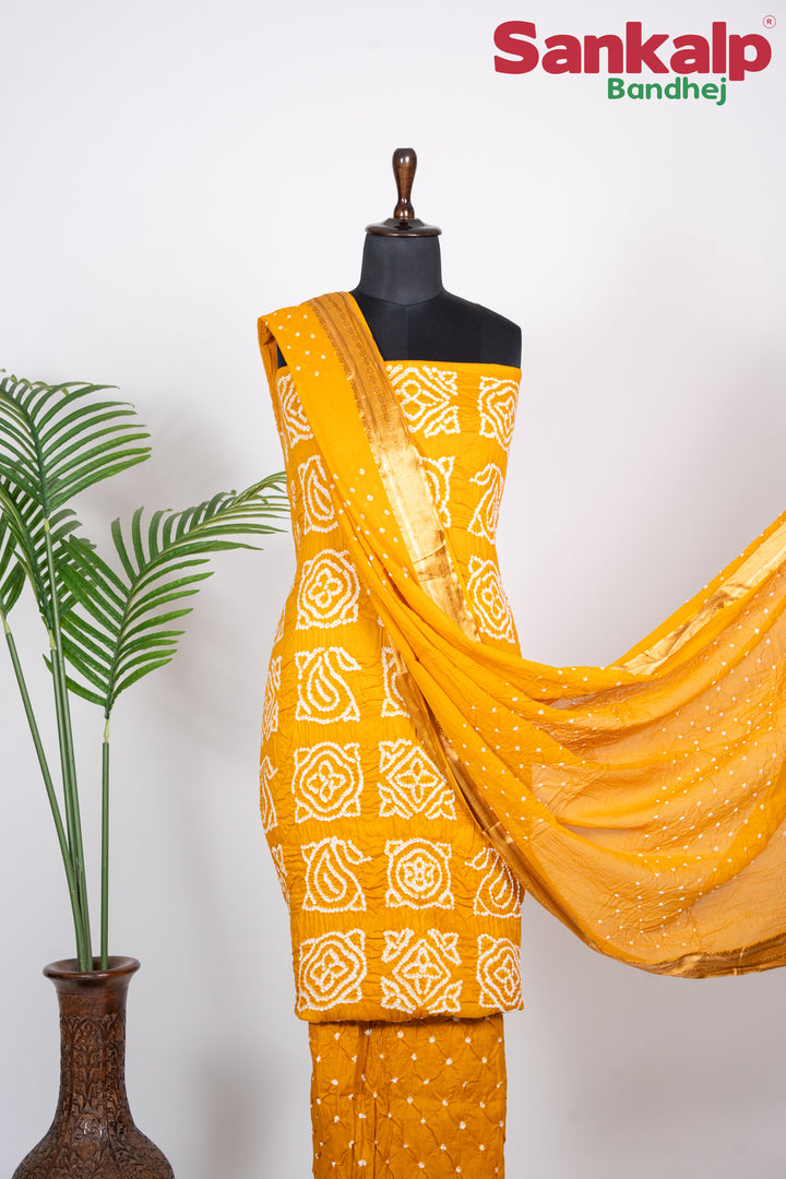 Yellow Bandhani Cotton Satin 3 Piece Suit Material