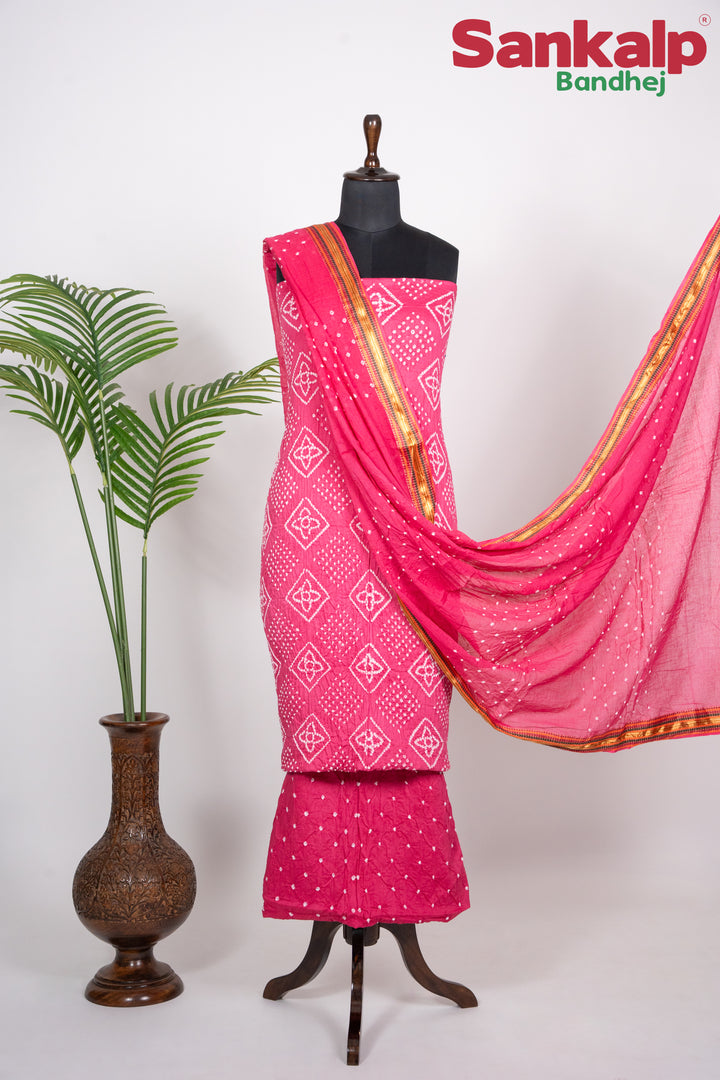 Pink Bandhej Cotton Satin Suit Material