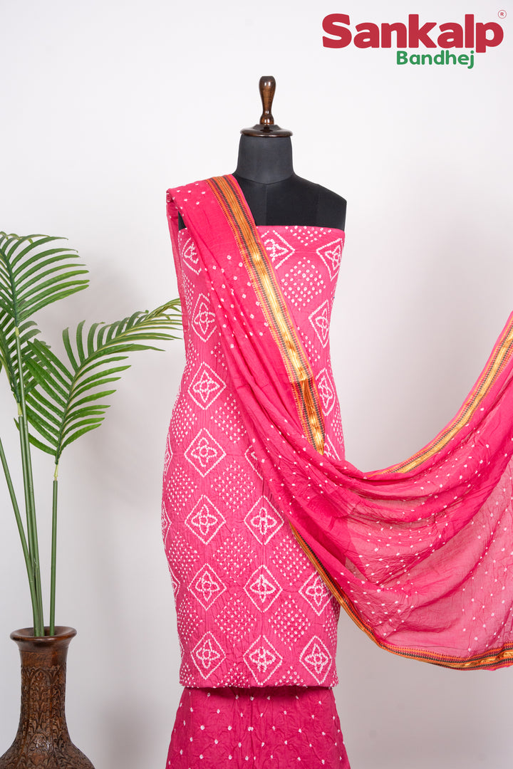 Pink Bandhej Cotton Satin Suit Material