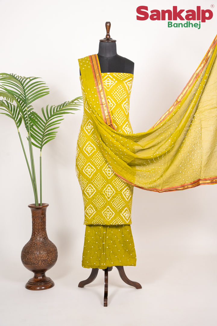 Mustard Green Bandhej 3-Piece Dress Material