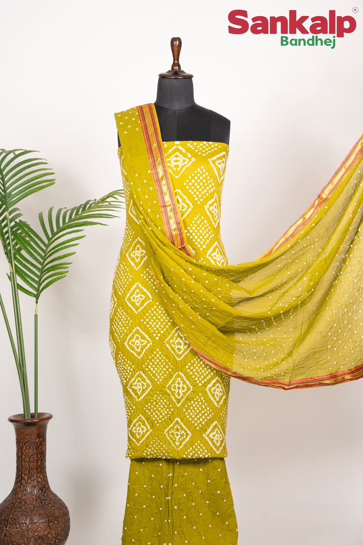 Mustard Green Bandhej 3-Piece Dress Material