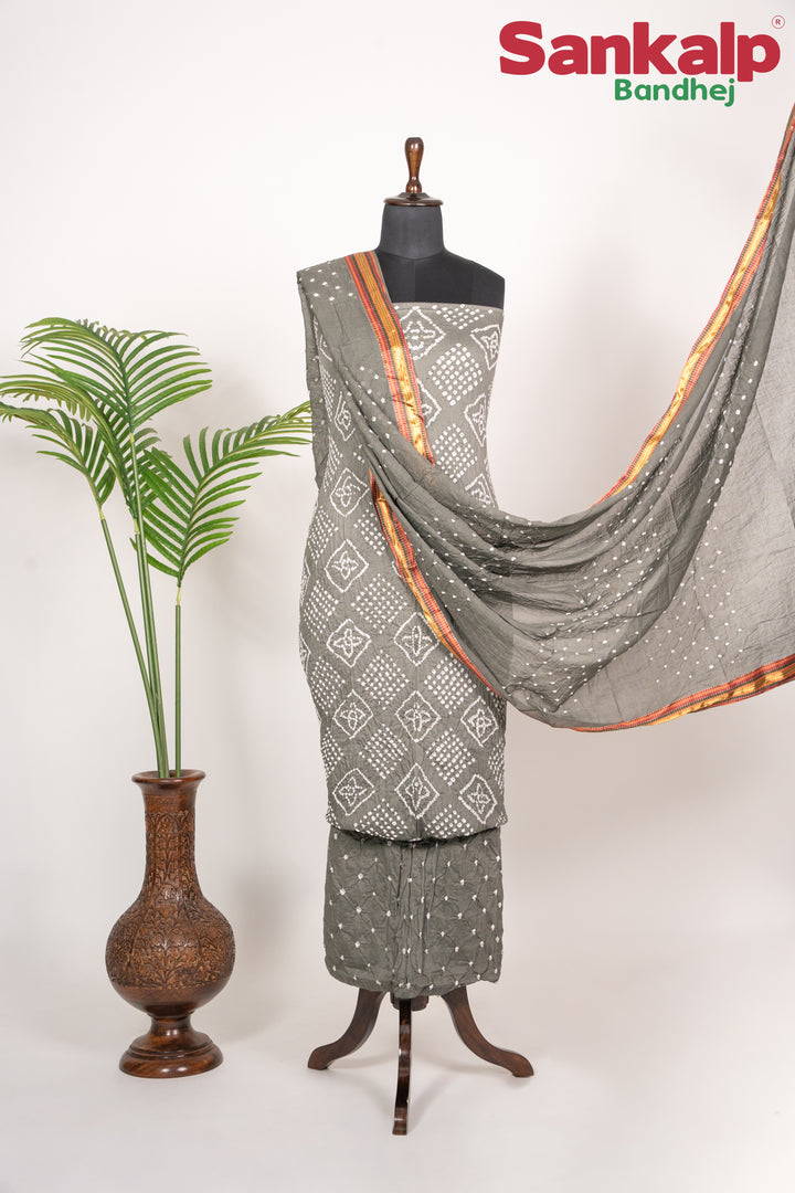Grey Cotton Satin Bandhani Dress Material