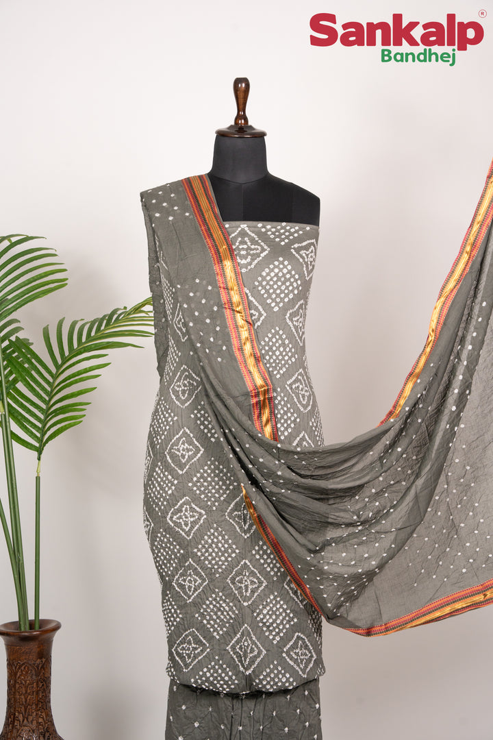 Grey Cotton Satin Bandhani Dress Material