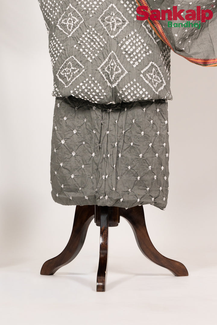 Grey Cotton Satin Bandhani Dress Material