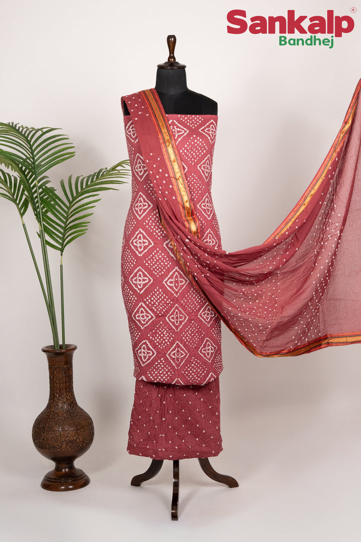 Rust Red Cotton Satin Bandhani Dress Material