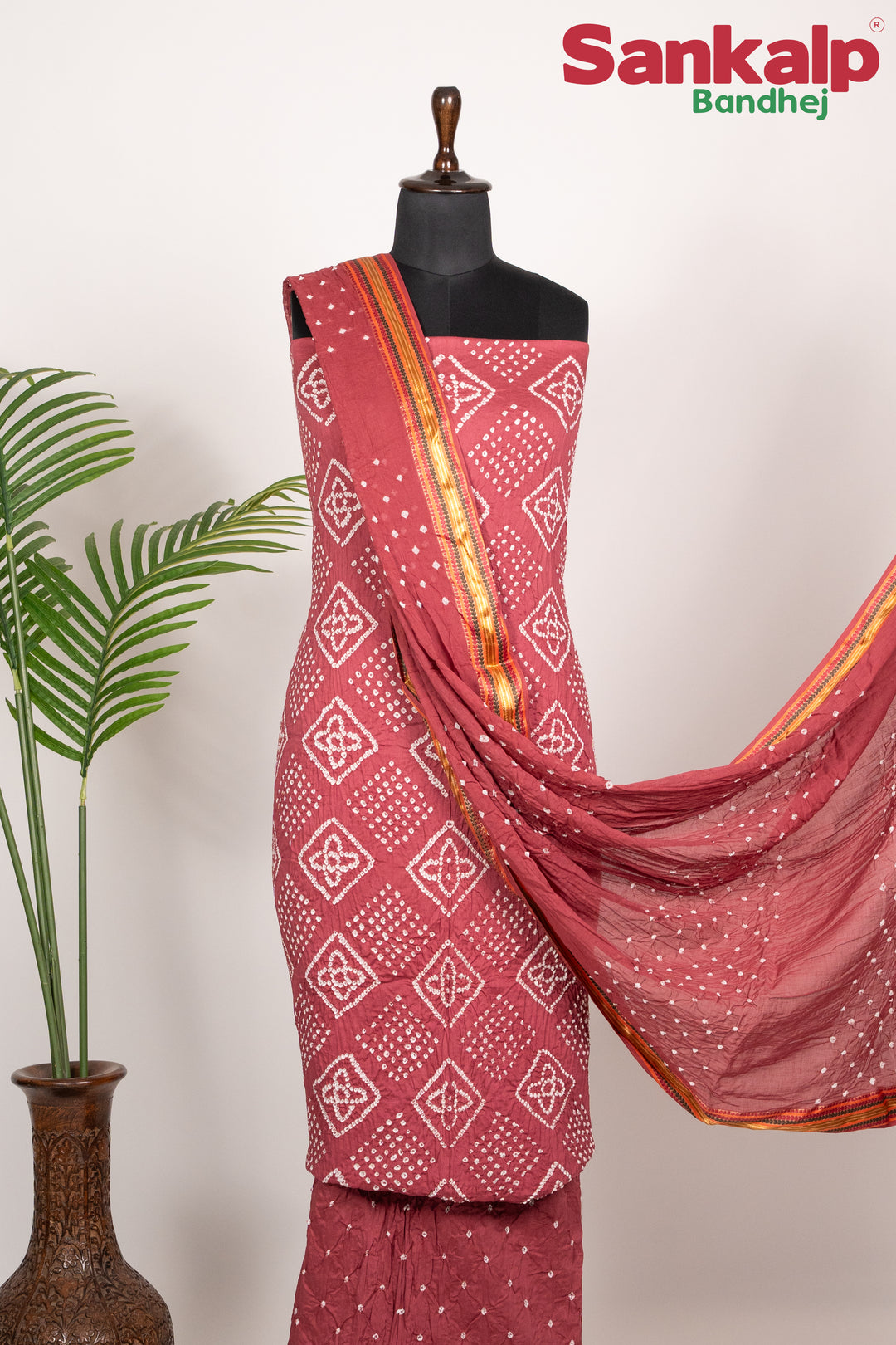 Rust Red Cotton Satin Bandhani Dress Material