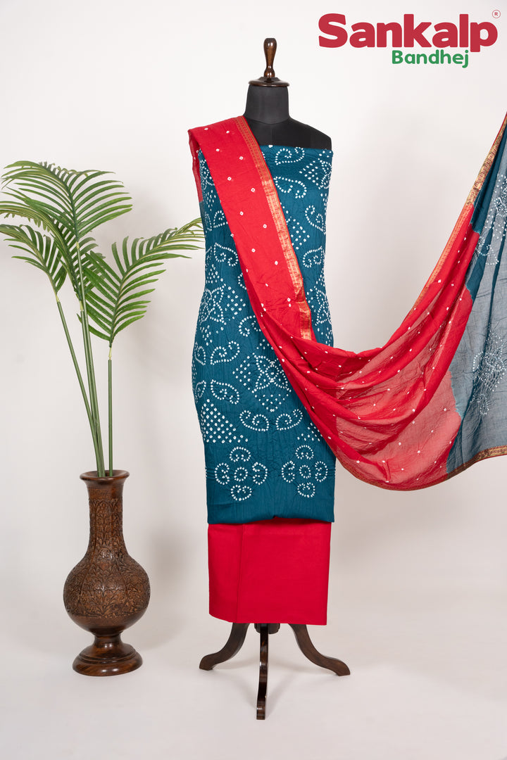 Blue Cotton Satin Dress Material With Red Dupatta