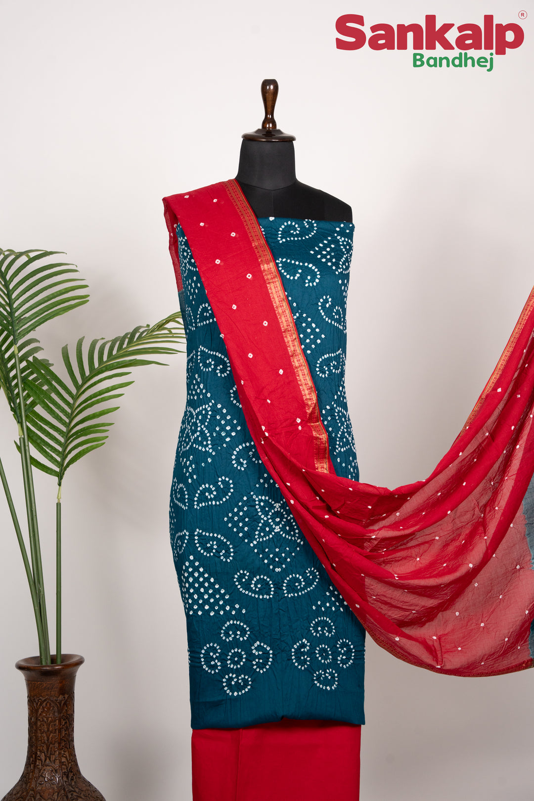 Blue Cotton Satin Dress Material With Red Dupatta