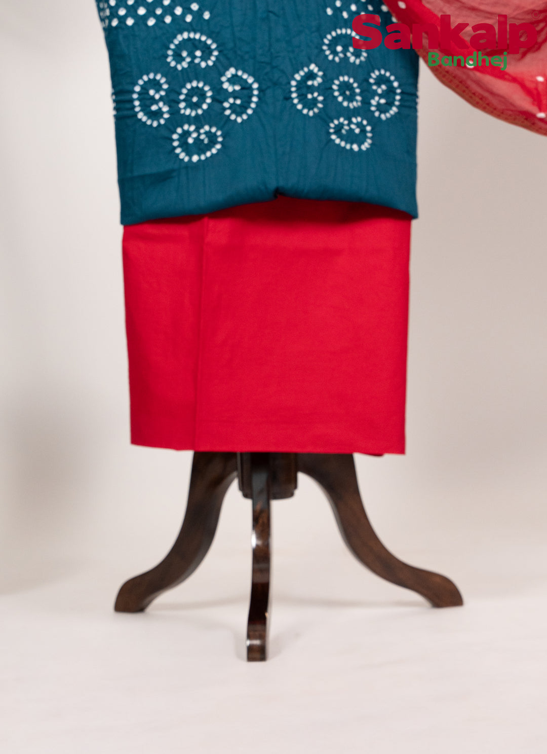 Blue Cotton Satin Dress Material With Red Dupatta
