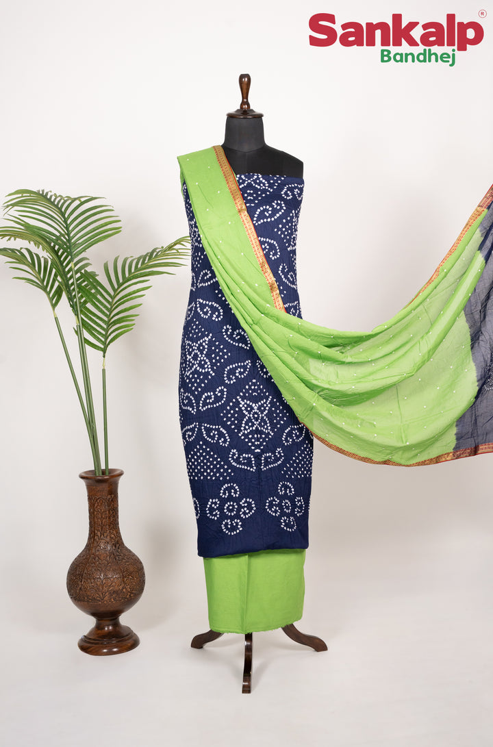 Royal Blue Cotton Satin Dress Material With Parrot Green Dupatta