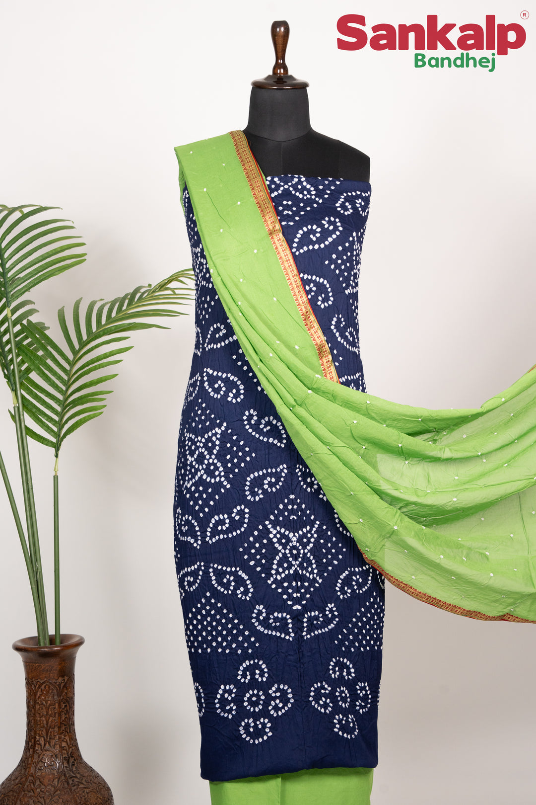 Royal Blue Cotton Satin Dress Material With Parrot Green Dupatta