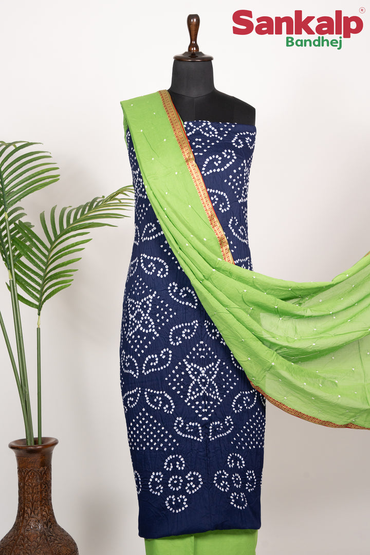 Royal Blue Cotton Satin Dress Material With Parrot Green Dupatta