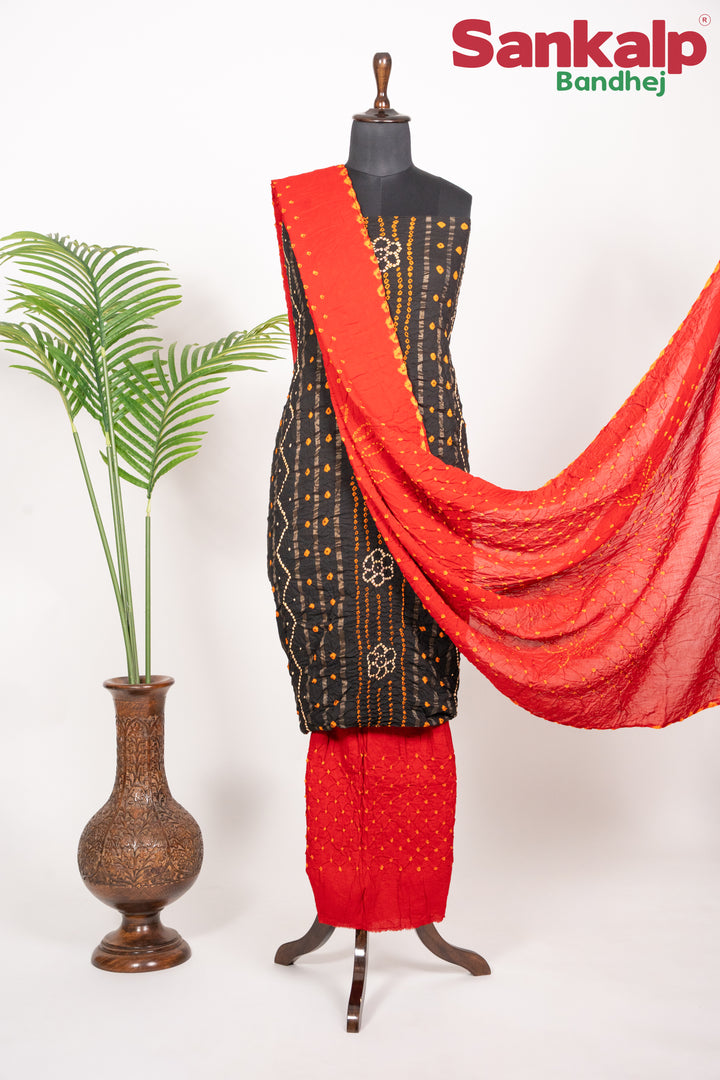 Black Bandhani Cotton Satin Suit Material with Red Dupatta